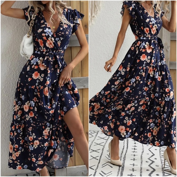 Boho Floral Print Butterfly Sleeve Maxi Dress - Picture 13 of 16